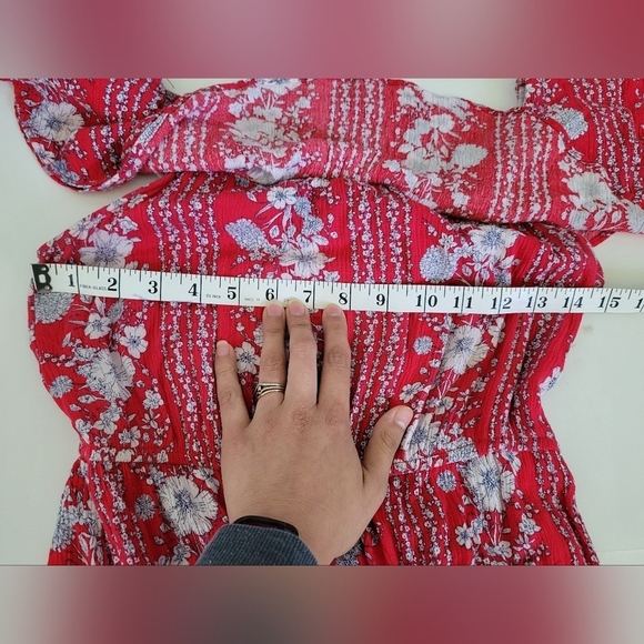 Forever 21 Red Floral Cottagecore Slubbed Cotton Off Shoulder Maxi Dress - Picture 9 of 9